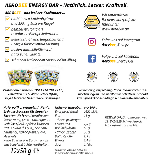 12er Pack Honig, Erdnuss & Kakao | AEROBEE ENERGY BAR